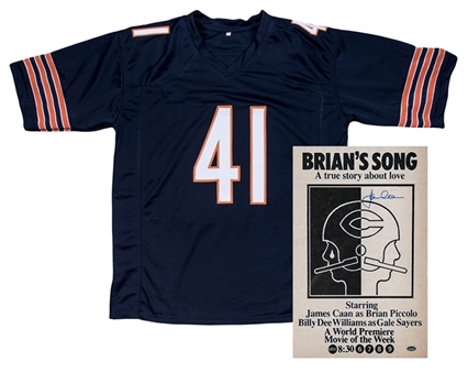 Lot of (2) James Caan Autographed Chicago Bears Navy "Piccolo" Jersey and "Brians Song" 11x17 Movie Poster (Schwartz)